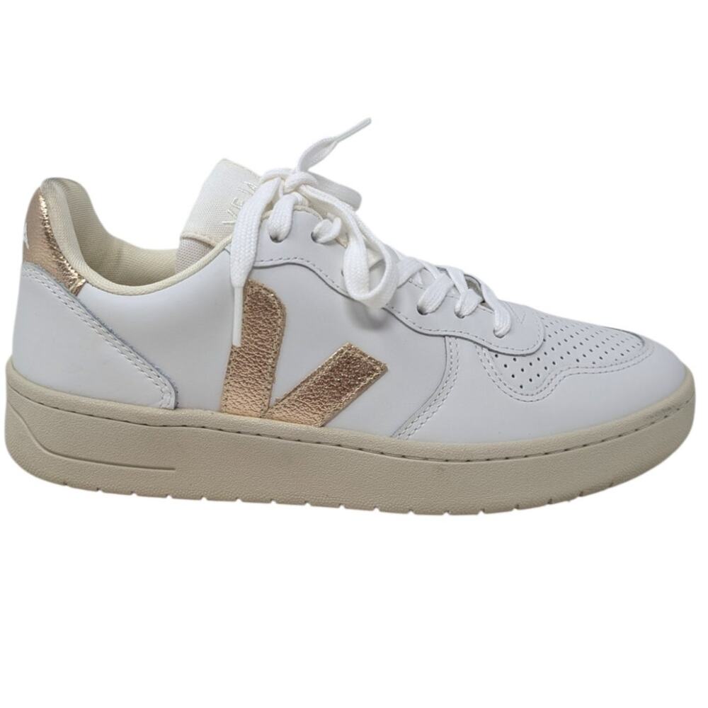 Veja V-10 Extra White Platine Leather Sneakers Gold Metallic Lace Up Shoes 8